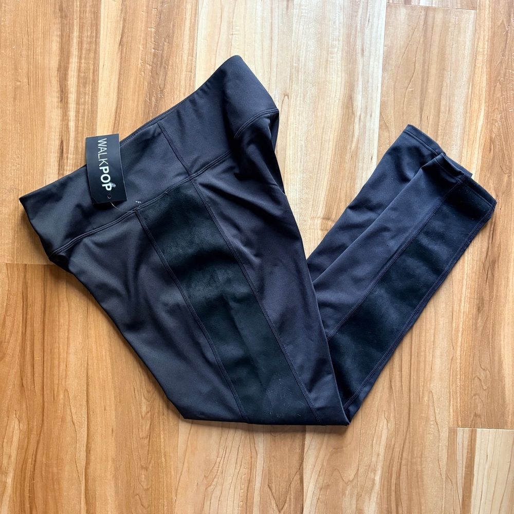 WALKPOP Black High-Waist Leggings with Faux Suede Panel Down the Sides Large NWT